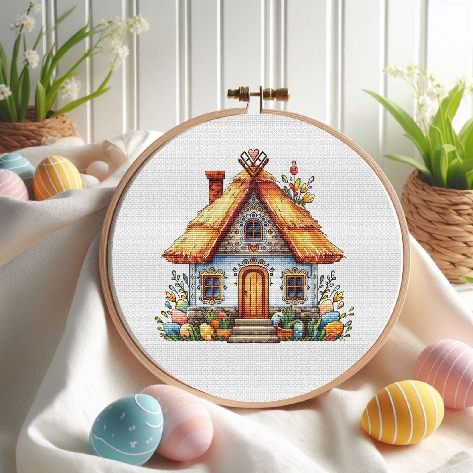 Easter House Cross Stitch Pattern: Ukrainian Hut & Easter Eggs Picture ...