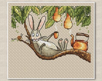 Modèle de point de croix lièvre avec bouilloire : décoration de chambre de bébé rustique (modèle PDF)