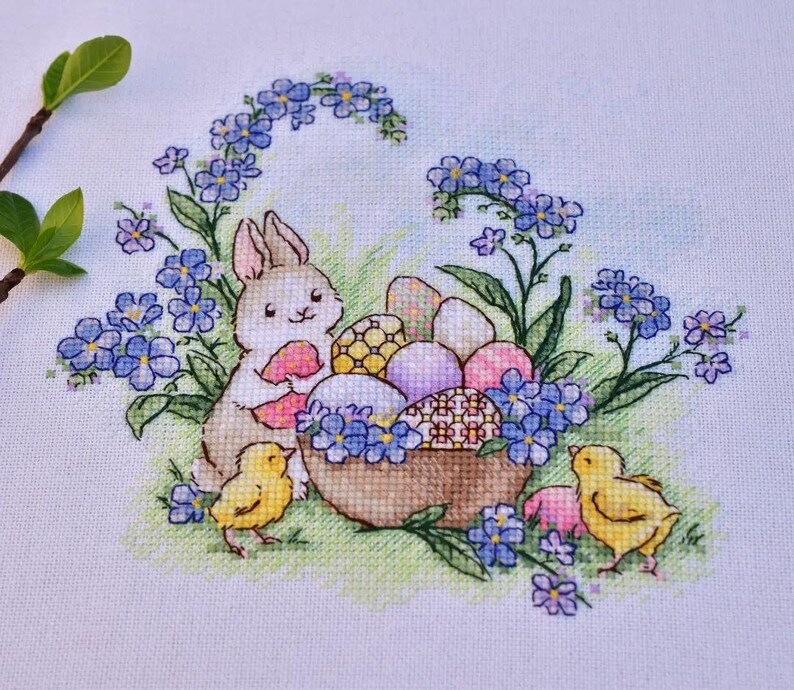 Easter Bunny With Eggs Cross Stitch Pattern: Forget-me-not Flowers ...
