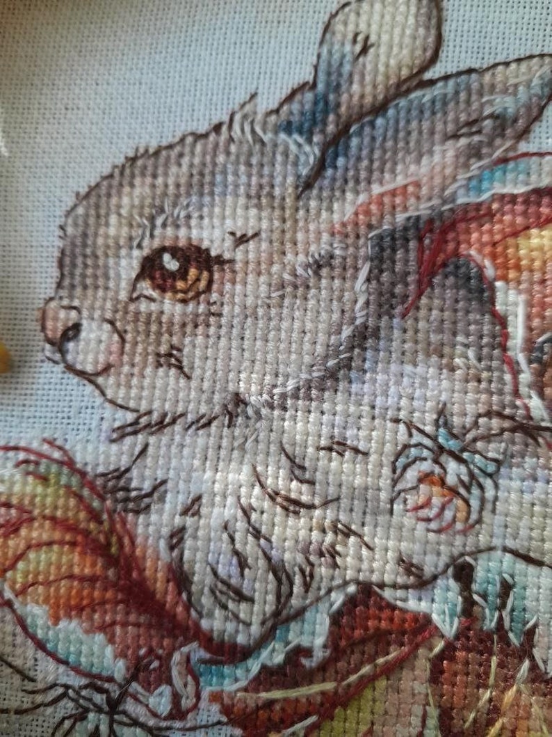 Peut inclure: Gros plan sur une broderie au point de croix d'un lapin brun avec une grande oreille brune. Le lapin porte une robe florale color&eacute;e et a un &oelig;il brun avec un iris dor&eacute;.