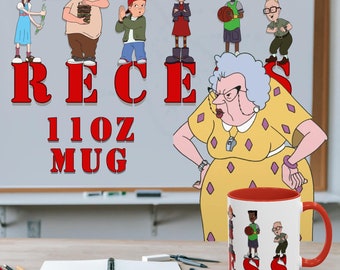 May include: A red and white 11 oz mug featuring the word "Recess" and cartoon characters from the animated series. The mug has a red interior and handle, with the characters and text printed on the exterior.