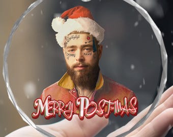 Adorno de gorro de Papá Noel de Post Malone, adorno navideño de cristal, Merry Postmas, regalo navideño, adorno navideño