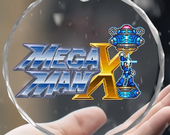Adorno de cristal, decoración del videojuego retro Mega Man X SNES, regalo navideño, adorno para gamers, decoración geek, regalo para fanáticos de los videojuegos, Navidad.