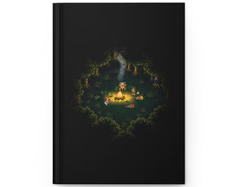 Cuaderno de tapa dura con diseño de fogata pixelada / Cuaderno de rol retro