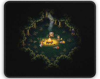 Alfombrilla de ratón para juegos con temática de campamento de fantasía pixelada retro / Alfombrilla de escritorio acogedora para juegos de rol de 16 bits