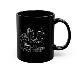 Taza del Club de Café de la Segunda Guerra Mundial: Taza de cerámica negra con diseño militar vintage