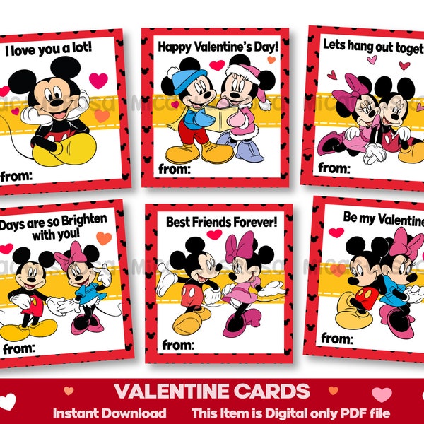 Printable Mickey Valentine Cards, Kids Valentine Day Cards,  Instant Download