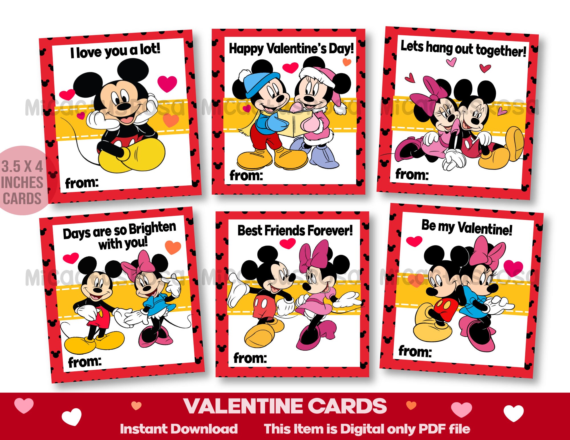 Printable Mickey Valentine Cards, Kids Valentine Day Cards, Instant ...