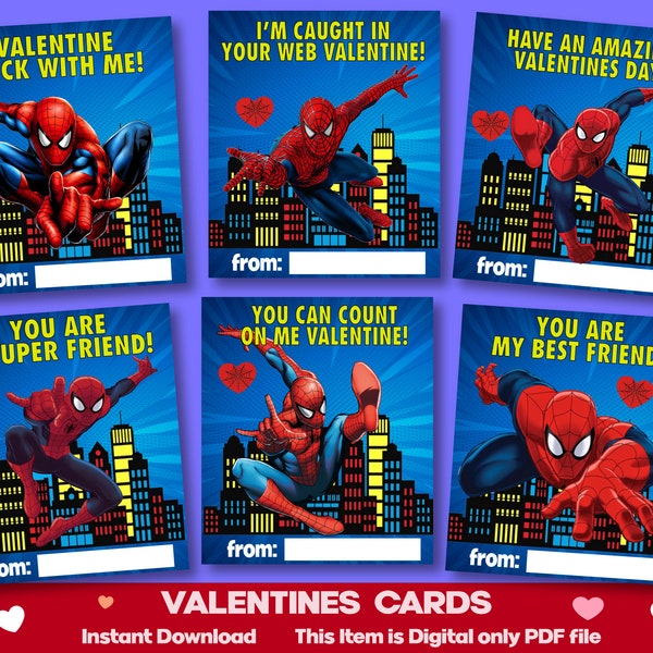 Printable SPIDER MAN Valentine Cards, Bear Valentines Day Cards, Kids Valentine Day Cards,  Instant Download