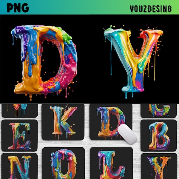 VouzDesign Vibrant Paint Dripping Alphabet Letter Wall Art Mousepad Wall Art Bundle PNG