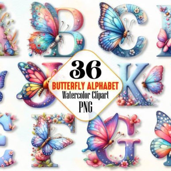 VouzDesign Watercolor Butterfly Alphabet Clipart Png Graphic