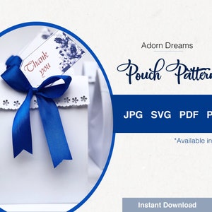 May include: A white gift bag tied with a bright blue ribbon and a tag that says "Thank you." The tag has floral details. The image also shows the text "Pouch Pattern" and file type options.