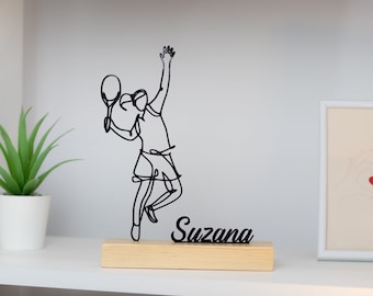Tennis Player Woman Sculpture with Wooden Base