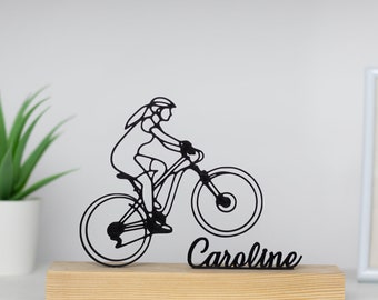 Woman Mountain Bike MTB Sculpture with Wooden Base