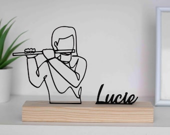 Flute Flutist Woman Sculpture with Wooden Base