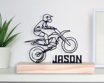 Motocross Rider Sculpture with Wooden Base