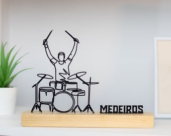 Music Drummer Man Sculpture with Wooden Base