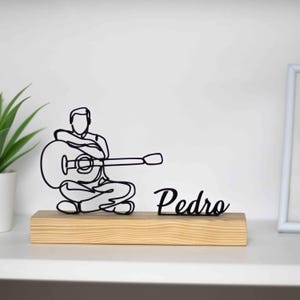 Guitar Guitarist Sculpture with Wooden Base