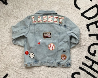 Custom GAME DAY Name Sports Jacket, Mother, Patch Name Denim Jacket, Chenille Patches, , Mom, MAMA, Sports,Softball, Baseball