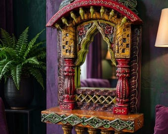 Traditional Indian Jharokha - a mirror in an antique carved wooden frame, hand-made and painted by Indian artisans