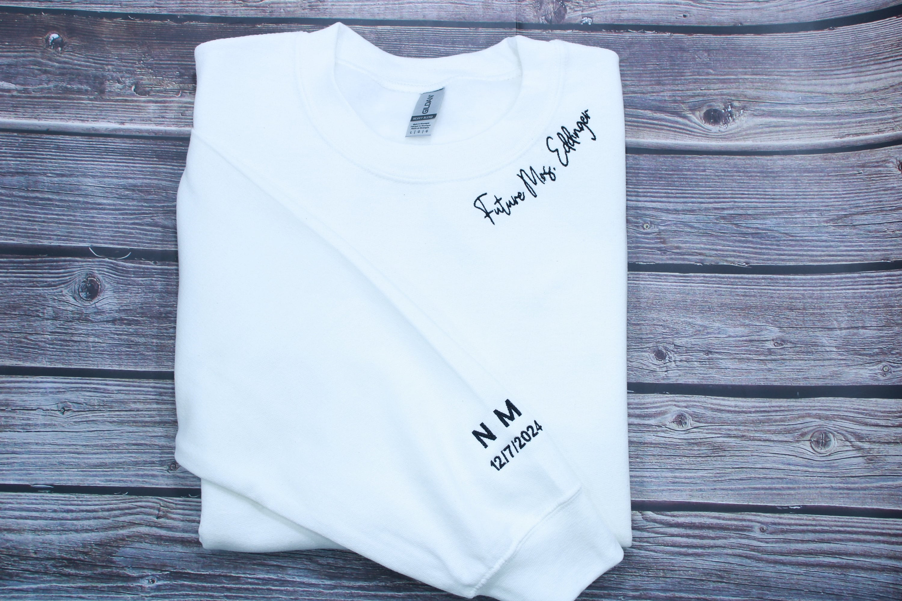 Custom Mrs. Embroidered Sweatshirt, Date On Sleeve, Name On Neckline, Wife Shirt, Future Mrs Hoodie, Engagement Gift, Bride To Be