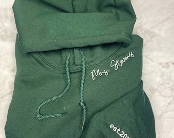 Custom Mrs. Embroidered Hoodie, Date On Sleeve, Name On Neckline, Wife Sweatshirt, Future Mrs Hoodie, Engagement Sweatshirt, Bride To Be