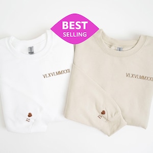 Custom Embroidered Roman Numeral Shirt Personalized Couples Gift Anniversary Gift Valentine&#39;s Day Gifts With Heart Initial or Name on Sleeve
