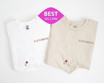 Custom Embroidered Roman Numeral Shirt Personalized Couples Gift Anniversary Gift Valentine&#39;s Day Gifts With Heart Initial or Name on Sleeve