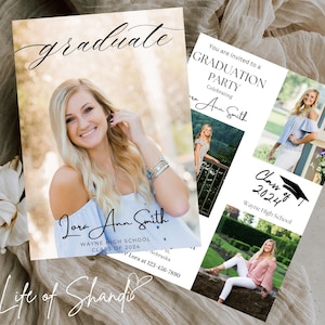 Customizable Boho Minimalist Graduation Invitation Card with Elegant Multi-Photo Design Class of 2024 Senior Announcement Card