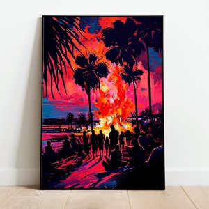 Könnte beinhalten: Ein digitales Gemälde eines Lagerfeuers am Strand bei Nacht. Das Feuer ist groß und hell, und Menschen haben sich darum versammelt. Der Himmel ist in leuchtenden Rosa- und Orangetönen gehalten, und im Hintergrund sind Palmen zu sehen.