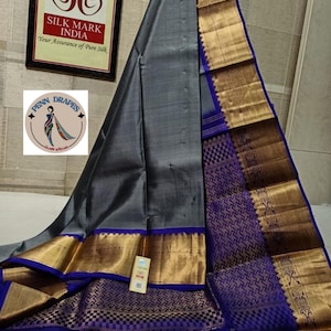 Gray and Royal Blue Pure Kanjivaram Silk Handloom Saree with Stitched Maggam Work Blouse|Silk Mark Certified