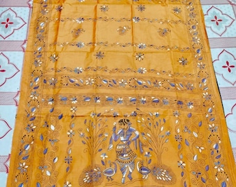 Orange Lavender  Kantha Stitch Saree on Blended Bangalore Silk| Unstitched Blouse|Handmade Saree