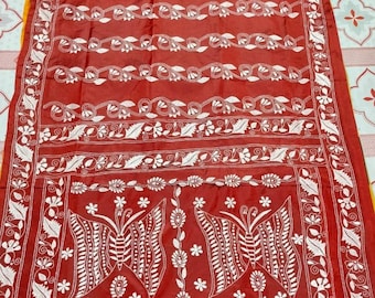 Maroon White  Kantha Stitch Saree on Blended Bangalore Silk| Unstitched Blouse|Handmade Saree