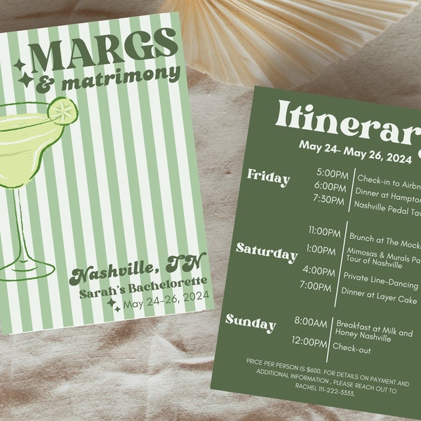 Margs and Matrimony Bachelorette Invite & Itinerary, Bachelorette itinerary template, bach weekend trip, margaritas and matrimony, Customize