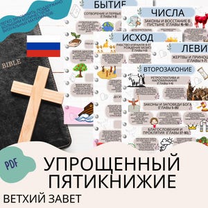 May include: A colorful illustrated guide to the Old Testament of the Bible. The guide is divided into sections with titles like "Creation", "Exodus", "Numbers", "Leviticus", "Deuteronomy", and "Blessings and Curses". Each section features a colorful illustration and a brief description of the key events and teachings.
