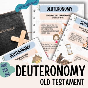 May include: A colorful printable study guide for the book of Deuteronomy in the Old Testament. The guide includes text, illustrations, and a title that reads "Deuteronomy Old Testament".
