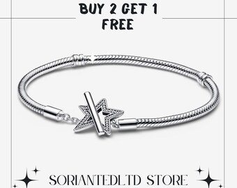 Asymmetric Star T-bar Snake Chain Bracelet , Bracelets For Moments Charms & Pendants , 925 Silver , Women Jewelry Gift For Her