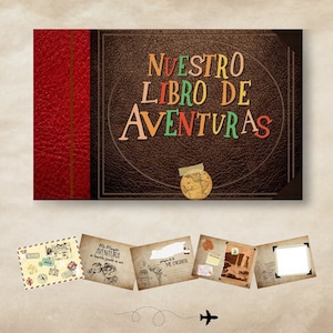 Puede incluir: Un álbum de fotos de cuero marrón con el texto en español "NUESTRO LIBRO DE AVENTURAS" en letras coloridas. Un pequeño globo terráqueo está pegado en la portada. También hay varias postales de estilo vintage y un avión.