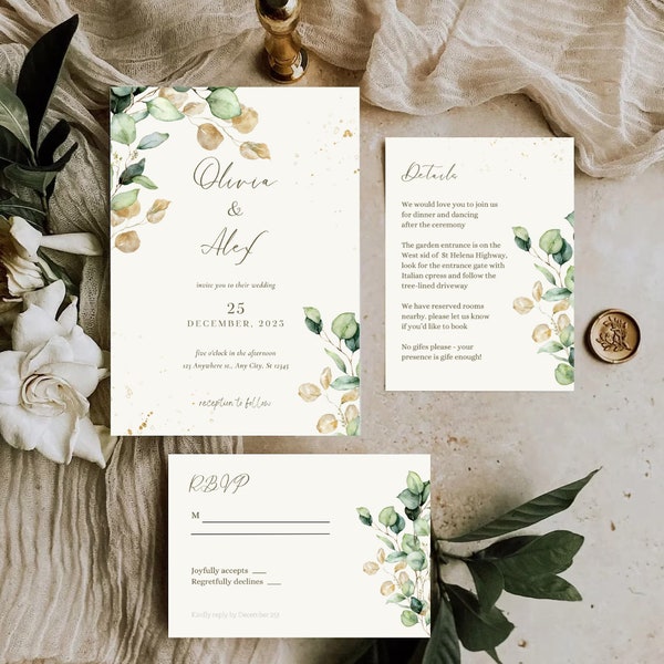 Conjunto de invitación de boda de flores silvestres, editable en canva, invitación de boda imprimible, invitación blanca y verde, bohemio