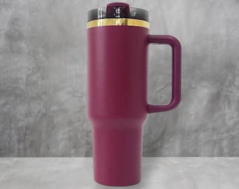 40oz Tumbler with Handle and Lid | Maroon Powder Coated Cup with Gold Plated Finish | Laser Engraving Blank | Stainless Steel | Burgundy