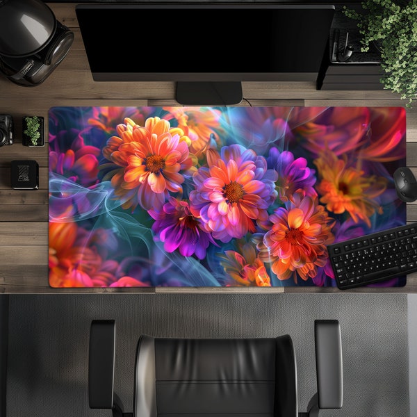 Fluorescent Neon Pop Chrysanthemum Floral XL Extended Gaming Desk Mat, Large Mouse Pad, Computer Floral Art Desk Accessories
