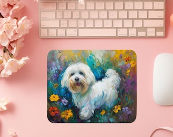 Cute Coton De Tulear Dog In Flower Field Mouse Pad, Gaming Pad, Desk Pad, Puppy Computer Office Decor Tech Accessories