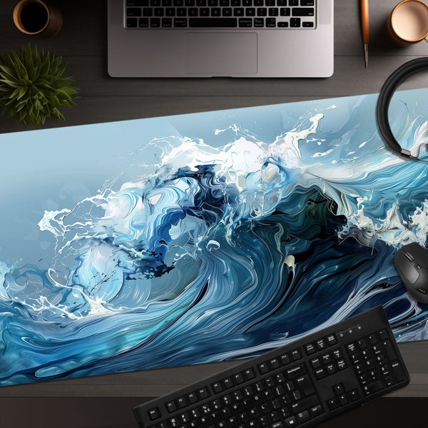 Liquid Paint Powerful Blue Wave XL Extended Gaming Desk Mat, Large Mouse Pad, Computer Ocean Wave Movement Art Desk Accessories
