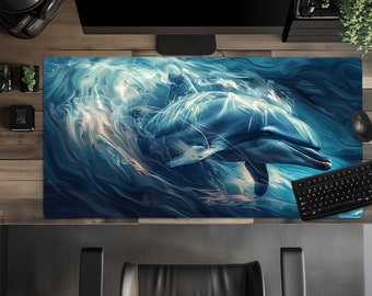 Tapis de bureau gaming rallongé Blue Dolphin Swiring In The Ocean XL, grand tapis de souris, accessoires de bureau artistiques océaniques pour ordinateur