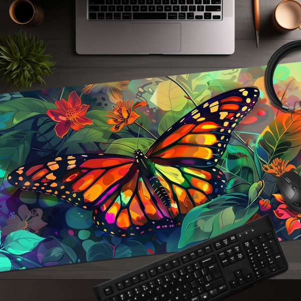 Brilliant Monarch Butterfly Flowers XL Extended Gaming Desk Mat, Large Mouse Pad, Computer Butterflies Garden Digital Art Desk Accessories