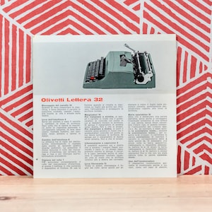 Olivetti Lettera 32 First Series - Rare ORIGINAL OLIVETTI Lettera 32 Typewriter ITALIAN User Manual Instructions Card - Olivetti Spare Part
