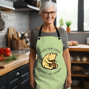 Adult Apron | Pooh & Honey Pot | Sage Green | Classic Colors Collection | Vintage Winnie the Pooh Apron | Foodie Gift | Kiss the Cook Quote