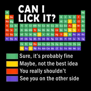 Puede incluir: Camiseta negra con el gráfico de la tabla periódica de los elementos y el texto blanco "CAN I LICK IT?". Debajo, texto codificado por colores indica la seguridad de lamer los elementos: verde para seguro, amarillo para tal vez, rojo para no y morado para una advertencia.