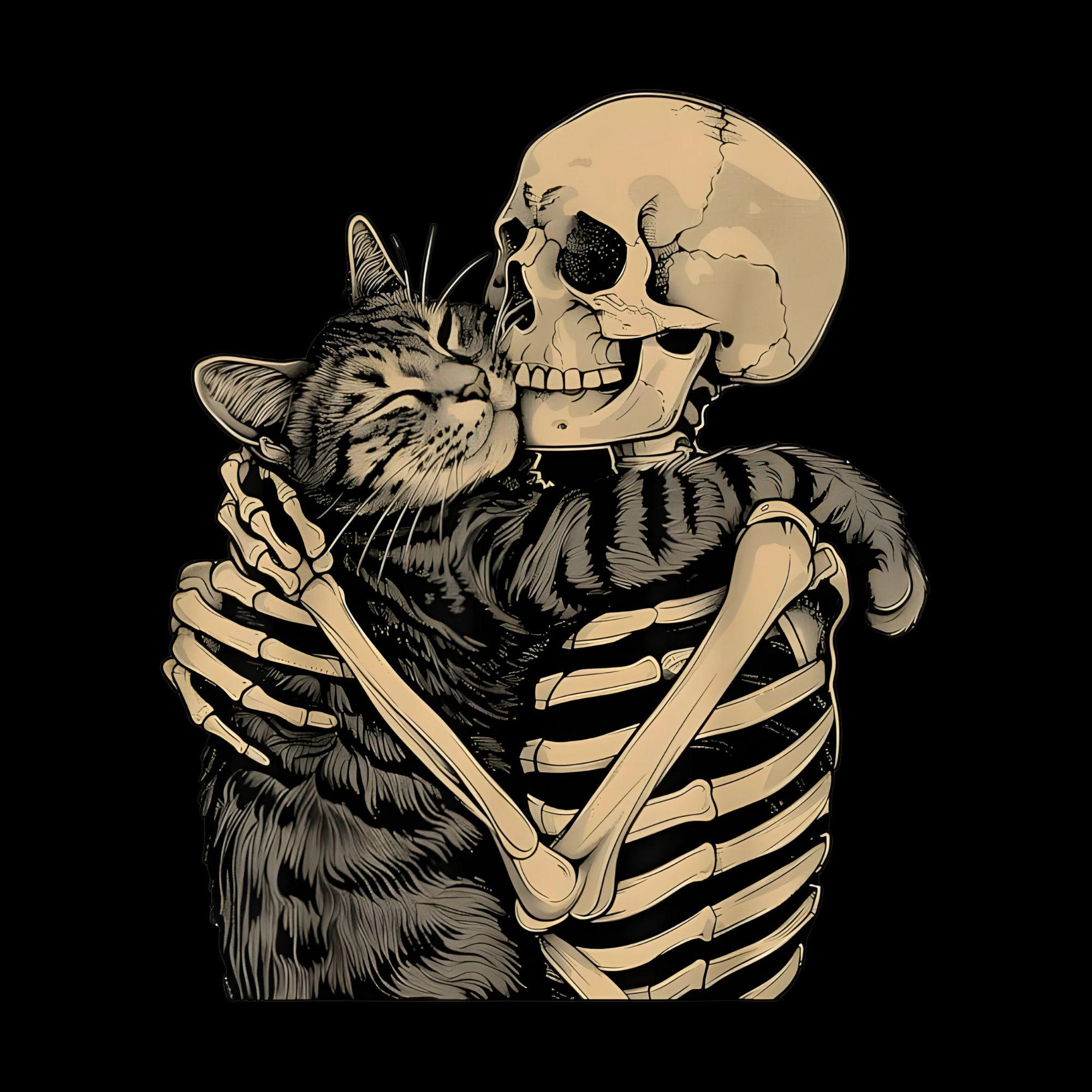 Gothic Skeleton Hugging Cat PNG: Tattoo-style Halloween Design (digital ...