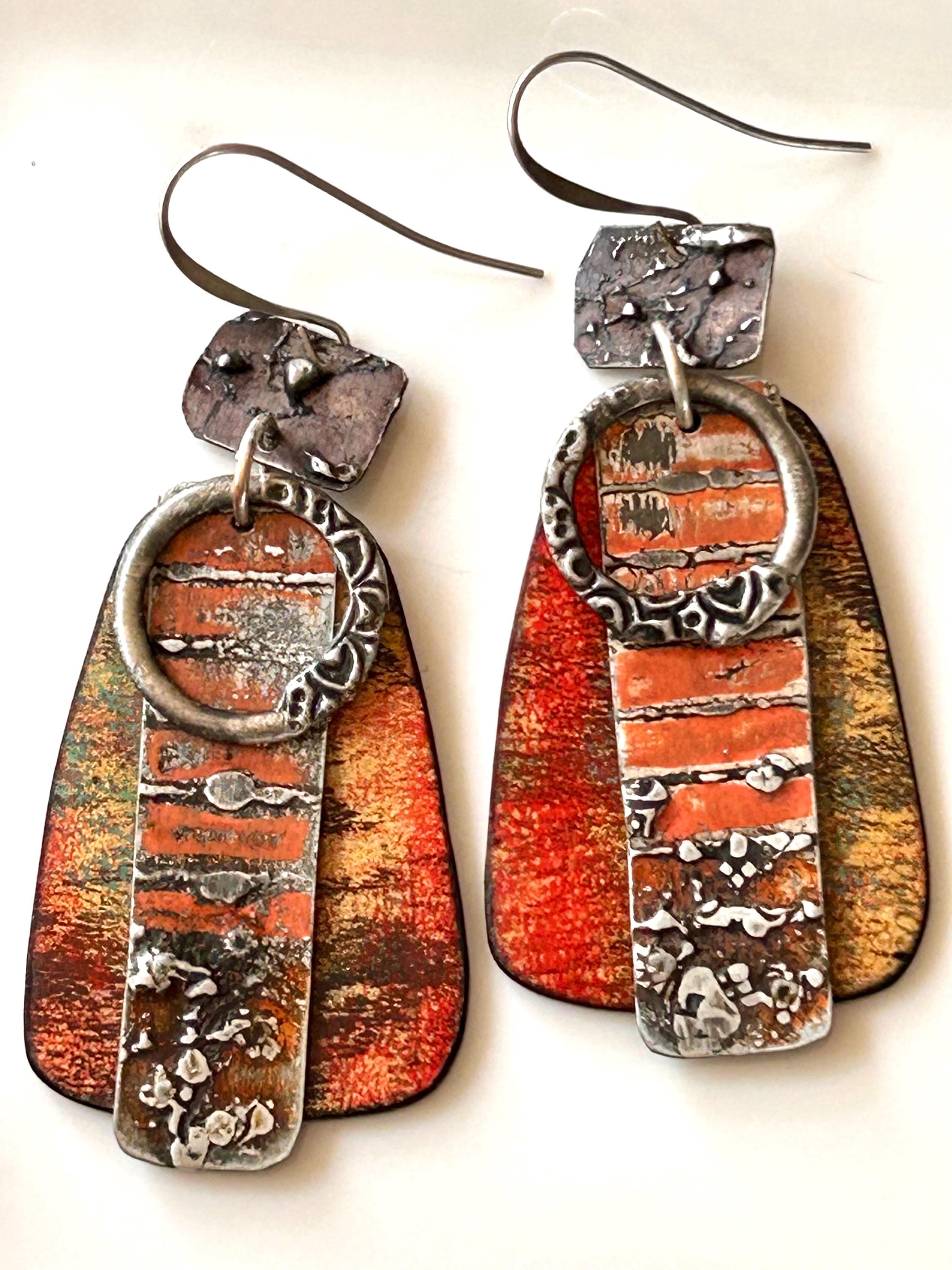 Handmade art earrings, hand painted paper and recycled tin with solder, ultra lightweight, artisan crafted, funky, grungy steam punk vibes